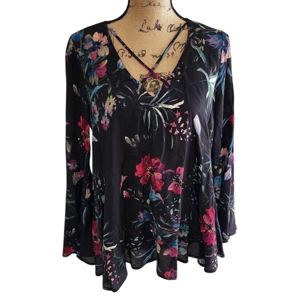 Fifteen Twenty Black Floral V-Neck Strappy Bell Sleeve Blouse Small USA Made
